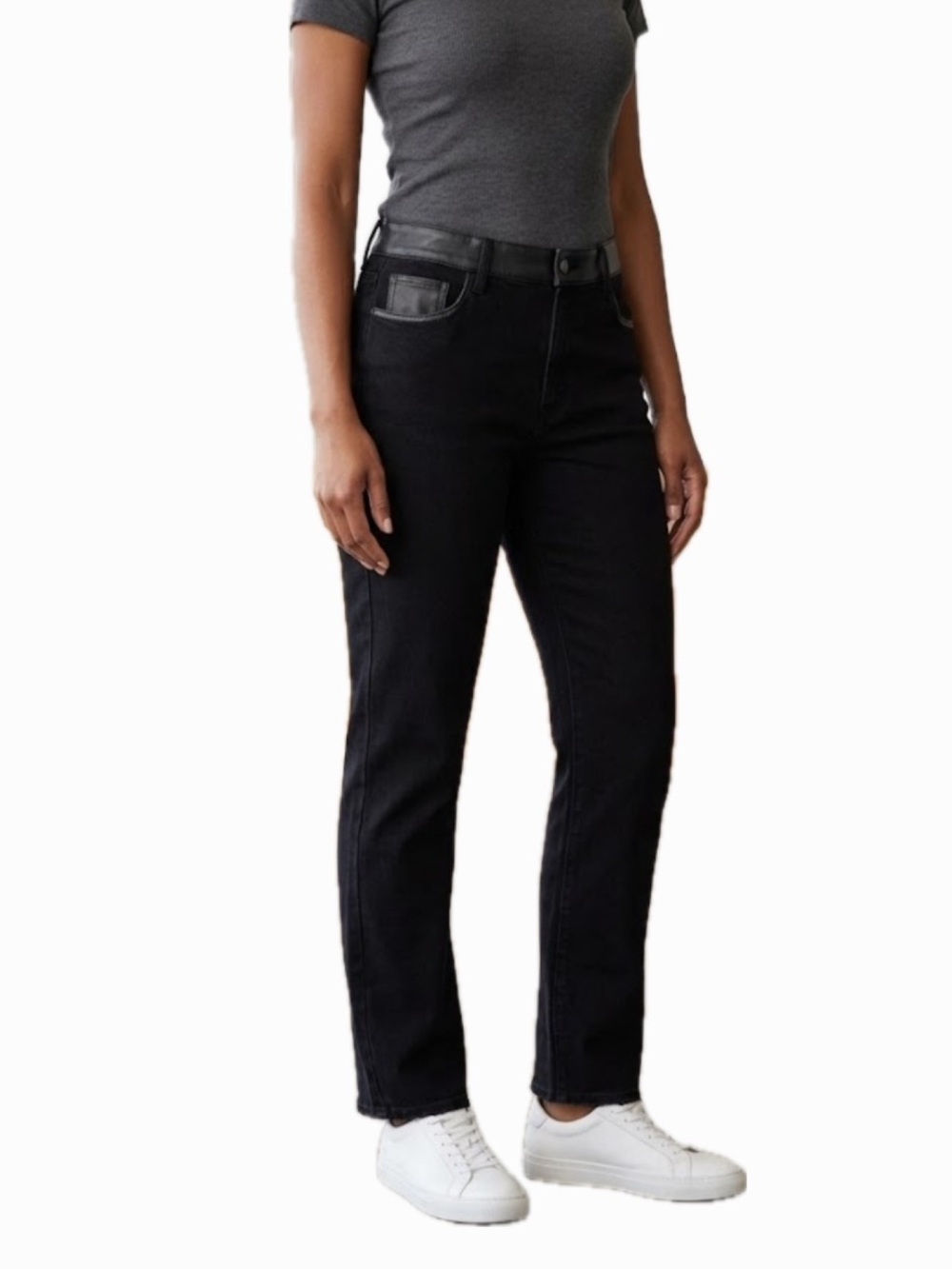 FLYING MONKEY WOMEN 34 HIGH-RISE STRAIGHT LEG BLACK DENIM LEATHER WAIST PANT